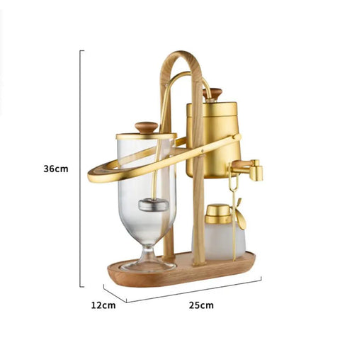 Premium Belgian Siphon Coffee Maker With Tempered Glass Globe Brewers, 36cm tall, wooden base, ideal for slow extraction.
