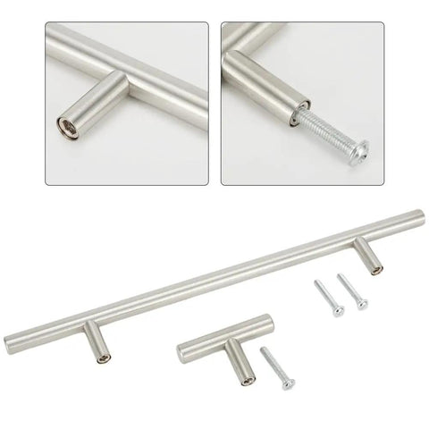 Stainless Steel T Type Drawer Cabinet Wardrobe Door Pull Handle 2 To 14 Inch Silver Bar Hardware with screws.