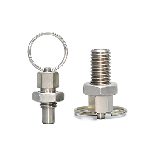Top Shelf M6 Stainless Steel Knob Plunger With Secure Locking Threads And Smooth Glide Action Go Anywhere Indexing Hardware Pin showing two angles.