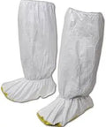 Tyvek Knee High Boot Covers With Yellow Vinyl Soles, Disposable 2XL White, Skid-Resistant, shown upright with soles visible.
