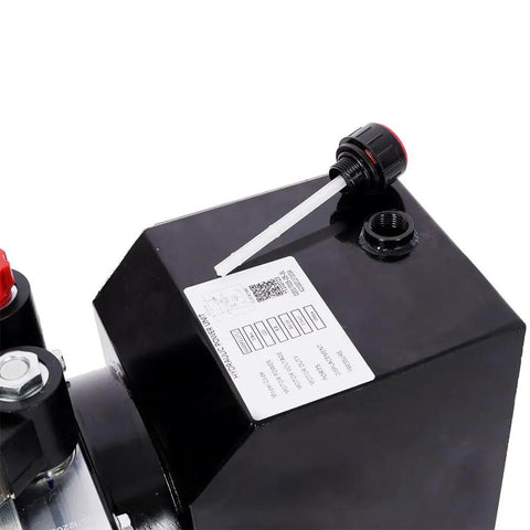 Close-up of Aynuma 12 Volt Hydraulic Power Unit with steel tank, oil cap, and label for industrial hydraulic equipment projects.