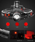 Red Light Hunting Headlamp With Zoomable Beam And 3 Modes, Rechargeable Waterproof Headlamp, front and side view, 600 lumens