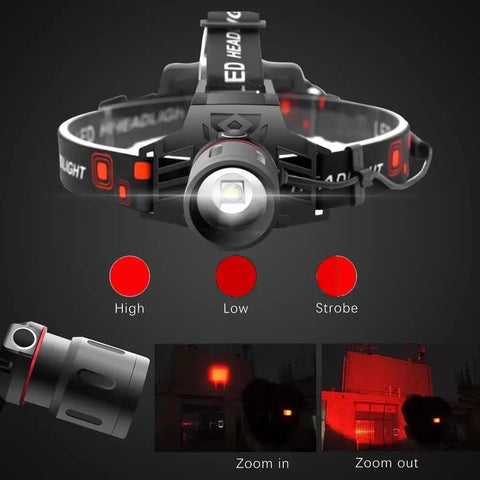 Red Light Hunting Headlamp With Zoomable Beam And 3 Modes, Rechargeable Waterproof Headlamp, front and side view, 600 lumens
