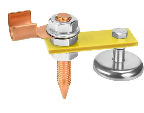 Upgrade Your Setup With This 2Pc Magnetic Welding Ground Clamp Kit Featuring Double Plus Single Magnet Heads For Super Strong Suction And Reliable Stability During Tough Welding Jobs, showing dual magnet head with copper and iron parts.