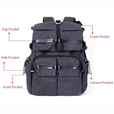 Waterproof DSLR Camera Backpack with Padded Twin Straps Thickened Build Durable Canvas showing multiple pockets and compartments.
