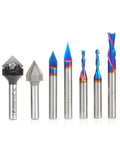 Badass 7 Piece CNC Router Bit Set Built Different For 3D Sign Crafting And Woodworking Projects Featuring Flat Out Sharp NanoCo Coating And Slick Quarter Inch Shank, showcasing sharp, colorful bits.