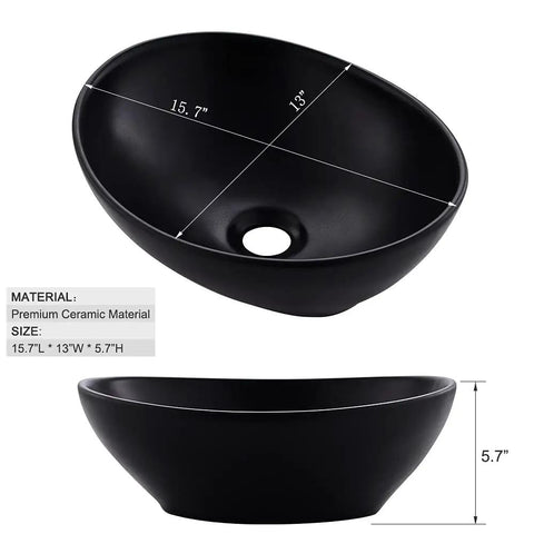 Dope Matte Black Vessel Sink Set With Faucet And Drain For Above Counter Bathroom Basin, Oval Porcelain Ceramic dimensions