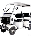 White 4 Passenger Electric Golf Cart Scooter With 1200W Brushless Motor And 60V 37AH Lithium Pack, front view with basket and seats.