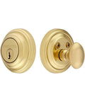 Classic Rosette Single Cylinder Deadbolt In Unlacquered Brass With Solid Brass Construction Heavy Duty Exterior Door Lock Keyed Alike Kit Includes Latch Screws And Two Keys For Secure Entry displayed on white background
