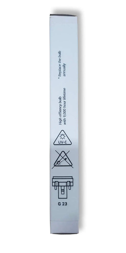 Side view of Original OEM UV Light Bulb Replacement for Best Deal UV D200 R18 R18D Systems packaging showing instructions.