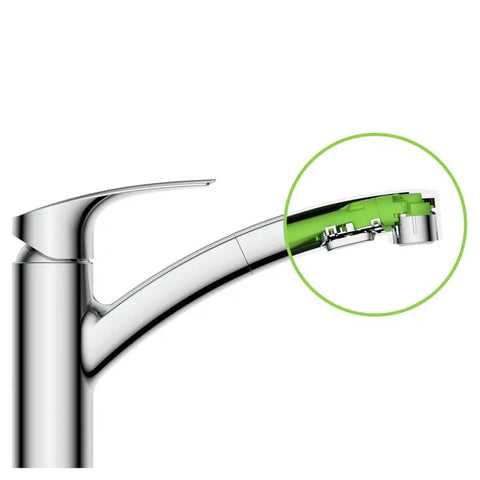 Cutaway of Eurosmart Dual Spray Pull Out Kitchen Faucet With Sprayer 1.75 GPM Chrome Durable Stainless Finish showing internal mechanism