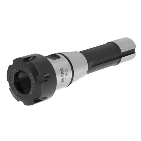 Pro-Grade ER25 Collet Chuck Set With R8 Adapter in metal, side view, includes spring collet for CNC milling and machining.