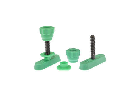 Matchfit Dovetail Hardware Kit One Inch Six Piece For Jigs With 360-Degree Motion, green knobs and screws for dovetail grooves.