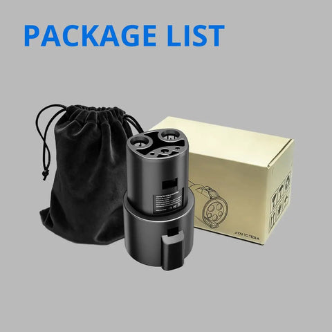 J1772 To Tesla Adapter Slick EV Charger Connector for Model 3 Y S X and Cybertruck in packaging with carrying pouch.