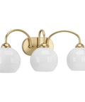 Carisa Collection 3-Light Opal Glass Bath Vanity Light in Vintage Gold Finish with White Globe Shades for Mid Century Modern Bathrooms