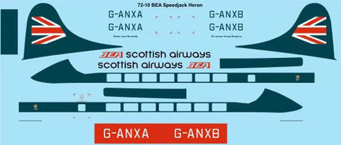 1/72 Scale Aircraft Decals Kit Dope Speedjack Heron Accessories In Multicolor Paper Details For Realistic Civil And Military Model Plane Builds For Scale Modeling Hobbyists And Collectors showing decal sheet with BEA and Scottish Airways liveries.