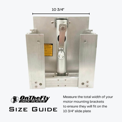 Front view of Adjustable Manual Boat Jack Plate For Up To 30HP Outboard Motors High Grade Marine Aluminum Construction Fastest Manual Jack Plate On The Market Raise And Lower In Seconds On Demand On Water Adjustability For Quick Smooth Motor Positioning showing slide plate measurements.