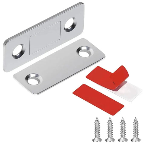 12 Pack Ultra Thin Magnetic Cabinet Catches With Invisible Adhesive, Strong Drawer Magnets, adhesive strips and screws shown