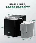 Countertop Ice Maker With Spring Loaded Expanding Ice Basket Holds 2.5L Of Ice And Up To 9 Cups Delivers 9 Cubes in black with dimensions.