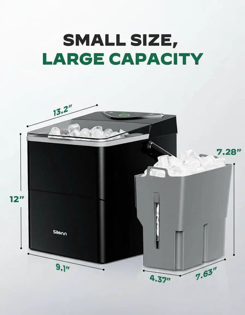 Countertop Ice Maker With Spring Loaded Expanding Ice Basket Holds 2.5L Of Ice And Up To 9 Cups Delivers 9 Cubes in black with dimensions.