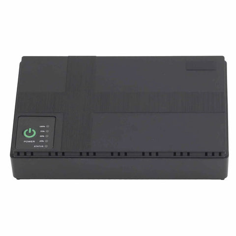 Compact 10400mAh UPS Battery Backup With 36W Output, black battery unit with power indicator, ideal for routers and cameras.