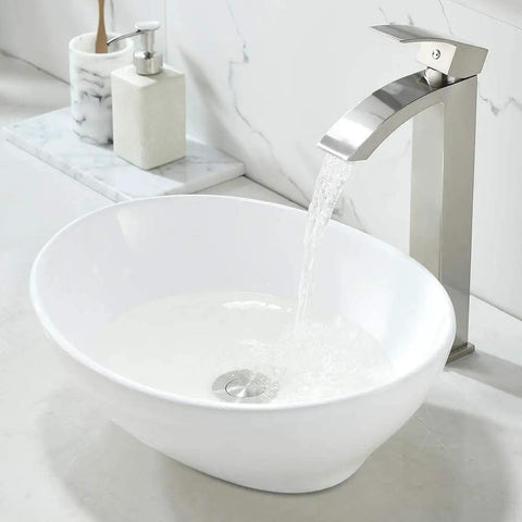 White Ceramic Vessel Sink With Faucet And Drain, Oval Above Counter Bathroom Basin, Modern Porcelain Vanity Sink with running water