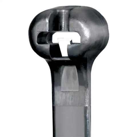 Close-up of Dome-Top Barb-Ty 8 Inch Cable Tie With Stainless Steel Barb for indoor outdoor use, UV weather-resistant nylon 66 black