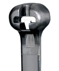 Close-up of Heavy Duty Cable Tie With Metal Locking Barb Dome Top Head Intermediate Size Weather Resistant Nylon 6.6 6.1 Inch Black