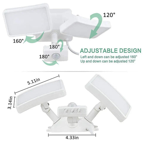 Outdoor Motion Sensor Light 20W LED Flood Fixture With 2 Adjustable Heads IP65 Waterproof Daylight White 6000K detail view