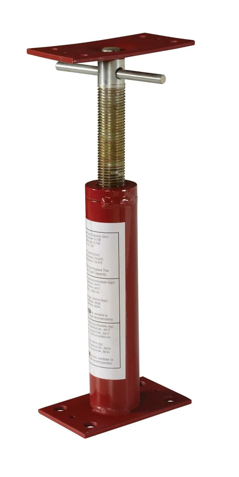 Heavy-Duty Basement Floor Jack With 16 Inch Lift Height And 9,738 Pound Capacity In Red Steel, Telescoping Brace, Screw, Turning Bar, Pins