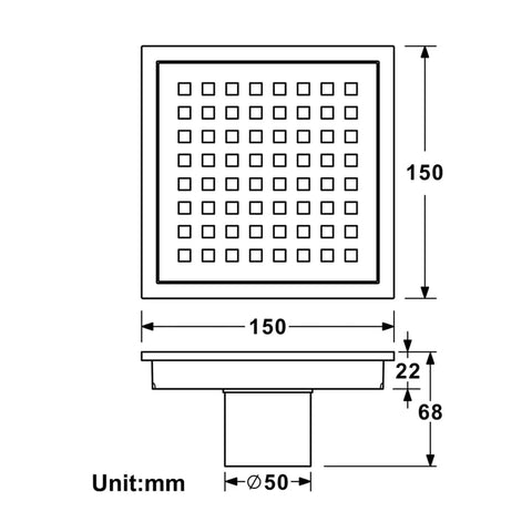 6 Inch Square Stainless Steel Shower Floor Drain With Removable Grate Anti Clog Hair Catcher Heavy Duty Brushed Finish Bathroom Drain Cover dimensions diagram.