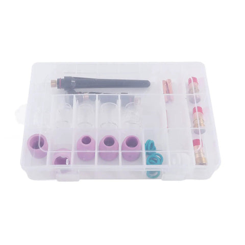 Top Tier TIG Welding Torch Consumables Kit With Gas Lens Ceramic Nozzles Copper Electrode Clips packed in clear case.