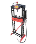 20 Ton Air Powered Hydraulic Shop Press Featuring Deluxe Sliding Carriage Precision Pressure Gauge with red and black structure.