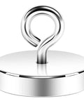 Heavy Duty Silver Fishing Magnet 2.0 Inch With Eyebolt Handle 350lb Neodymium Pickup Magnet displayed upright on white background