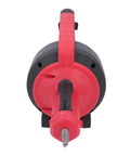 Cordless Electric Drain Auger Knocks Out Nasty Drain Clogs Fast With 23 Foot Flexible Spiral Cable showing front view of handle and cable outlet.
