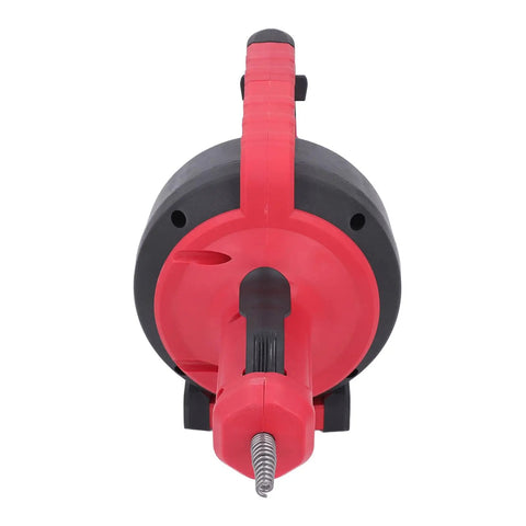 Cordless Electric Drain Auger Knocks Out Nasty Drain Clogs Fast With 23 Foot Flexible Spiral Cable showing front view of handle and cable outlet.