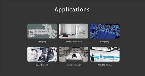 Applications of RPLIDAR X4 Pro 2D Lidar Sensor for mapping, obstacle avoidance, navigating, SLAM research, makers education, and assisted driving.