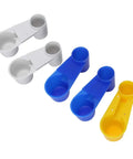 Five Piece Automatic Bird Water Dispenser Set With Dual Drinking Ports includes three cups in blue and one in yellow, made of plastic.
