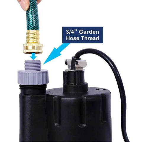 Heavy Duty Submersible Sump Pump Moves 2000 GPH With Tough As Nails Thermoplastic Construction and hose connection detail.
