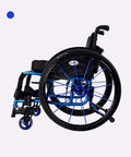 Blue wheelchair with black seat and blue wheels, designed for mobility and comfort, showcasing innovative engineering.