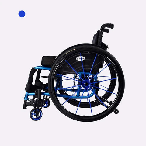 Blue wheelchair with black seat and blue wheels, designed for mobility and comfort, showcasing innovative engineering.