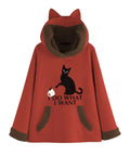 Cozy red hoodie with cat ears and black cat graphic, soft material, perfect for casual wear.
