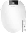 Upgraded Elongated Bidet Toilet Seat With Adjustable Warm Wash And Hot Air Dryer Featuring Self Cleaning Nozzle And Smart Remote top view with display and remote control.