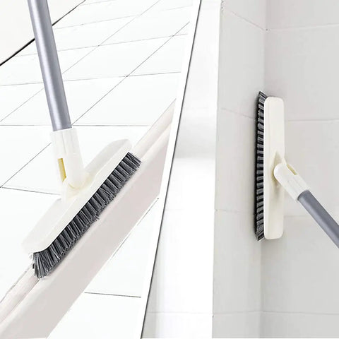 Long Handle Grout Scrub Brush With Rotating Head For Tile Floors And Shower Corners shown scrubbing tile edges and walls.