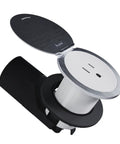Top Tier Two Pack Of 15 Amp Kitchen Countertop Outlet With Matte White Housing And Brushed Stainless Steel Lid open, showcasing sleek design.