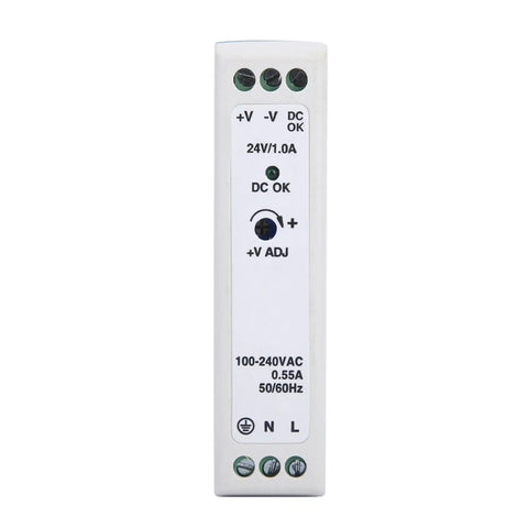 Rugged 24V DC Power Supply For Industrial Control, 1A Output, 24W, Wide Input 85VAC To 264VAC, front view on white background.