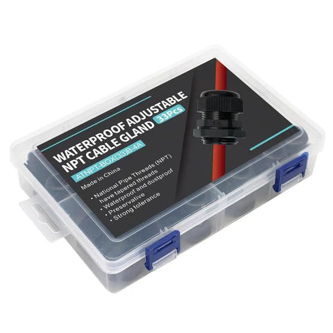 Pro Grade 33 Pack Adjustable Nylon PA66 Cable Glands Waterproof Heavy Duty Cord Grip Strain Relief Fittings in plastic box