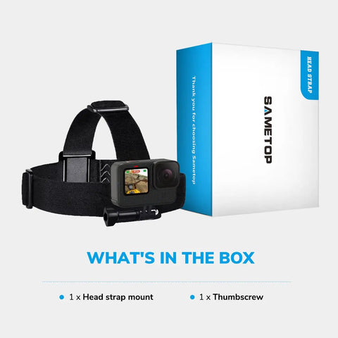 Contents including head strap mount for action cameras adjustable helmet mount for GoPro Hero 13 through 1 Fusion and Osmo Action