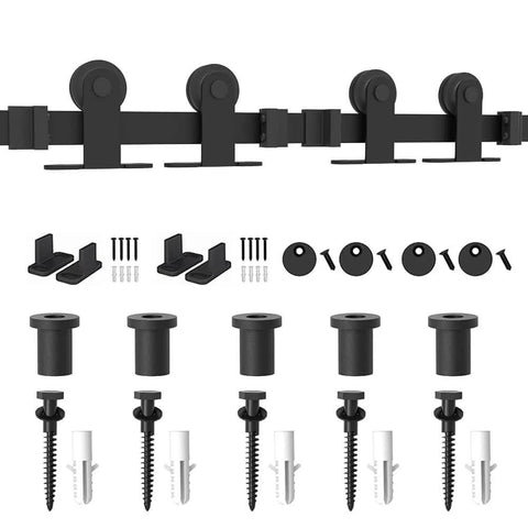 6.6Ft Antique Top Mount Double Sliding Barn Door Hardware Cabinet Kit Black Finish With 79.2In Track components view