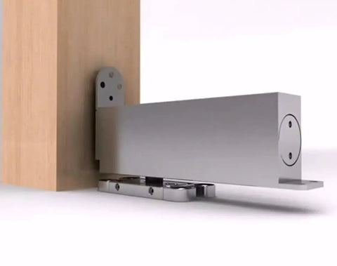 Side view of Hydraulic Self-Closing Concealed Door Closer For Wooden And Steel Doors Holds Open At 90 Degrees on wooden door